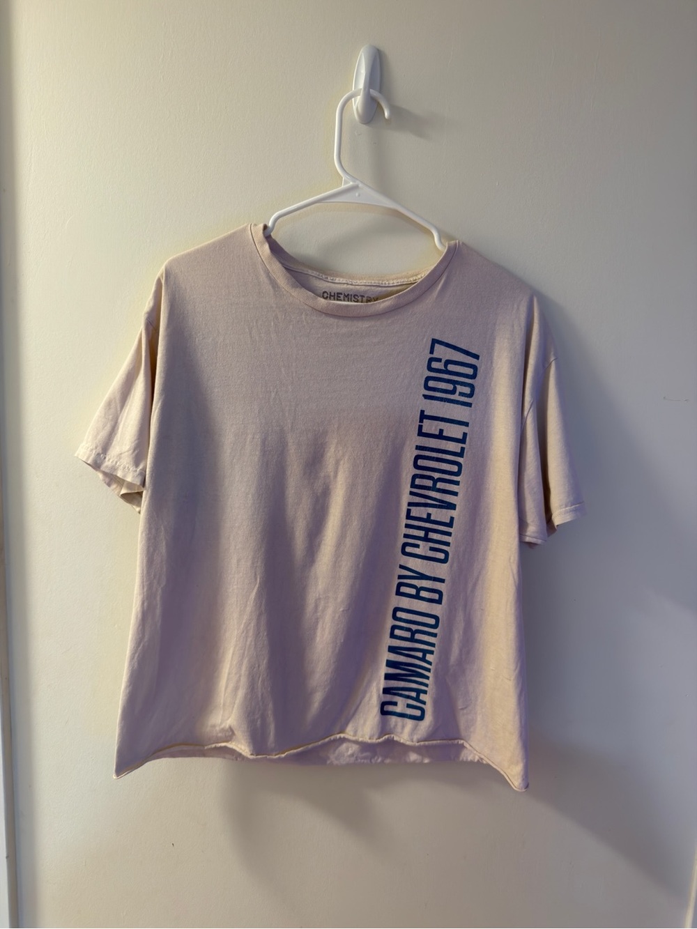 Chemistry Beige Tee with Navy Camaro By Chevrolet 1967 Vertical Print